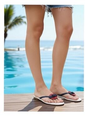 Kate Spade KSNY  Thong Button + Bow Flat Leather Sandals  Red White Blue  8M